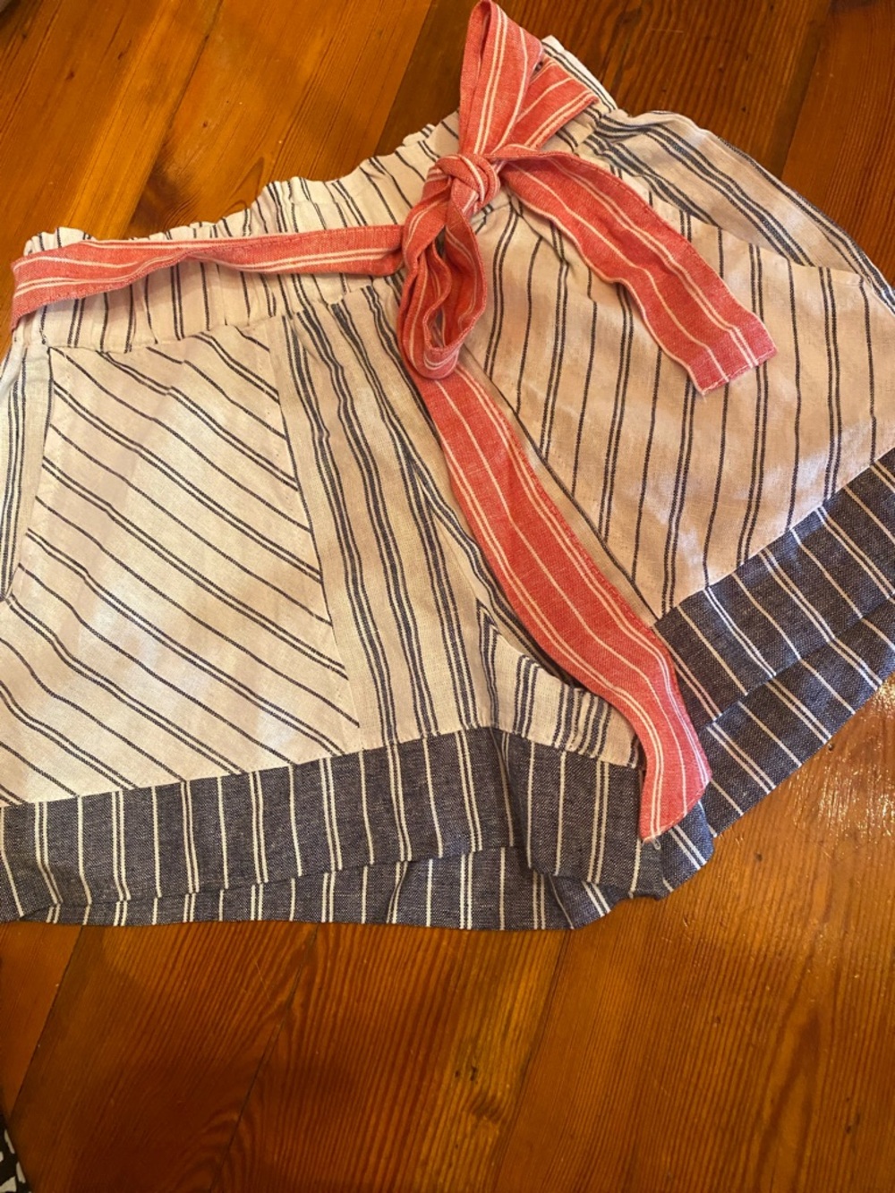 Striped Tie-Waist Mini Shorts in Cream, Navy & Red